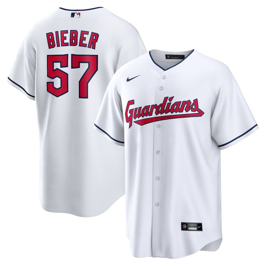 Men Cleveland Guardians 57 Shane Bieber Nike White Replica Player MLB Jersey